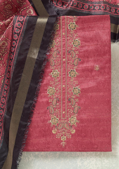 Onion Pink Threadwork Chanderi Unstitched Salwar Suit-Koskii