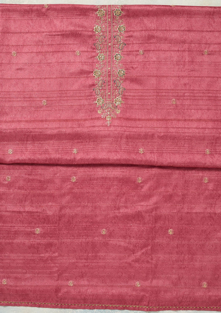 Onion Pink Threadwork Chanderi Unstitched Salwar Suit-Koskii
