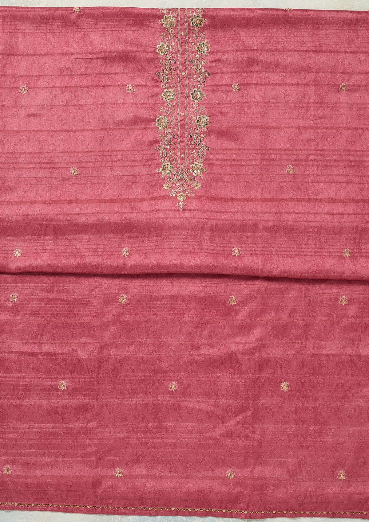 Onion Pink Threadwork Chanderi Unstitched Salwar Suit-Koskii
