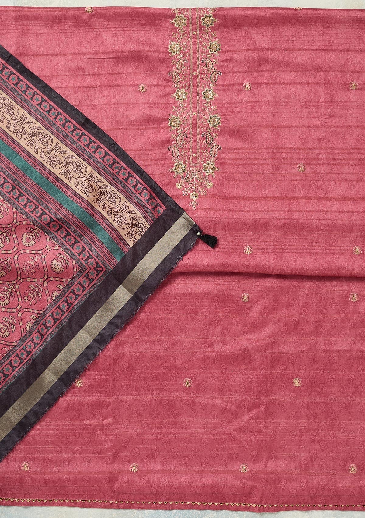 Onion Pink Threadwork Chanderi Unstitched Salwar Suit-Koskii