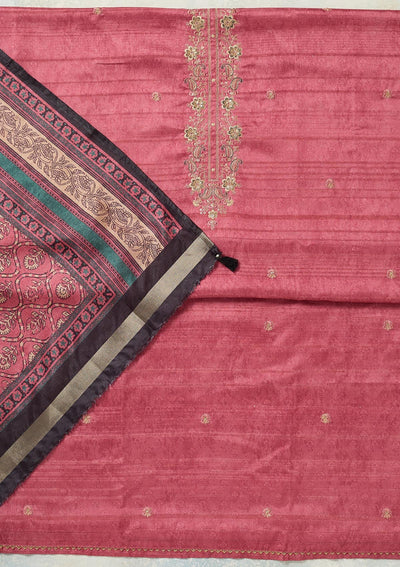 Onion Pink Threadwork Chanderi Unstitched Salwar Suit-Koskii