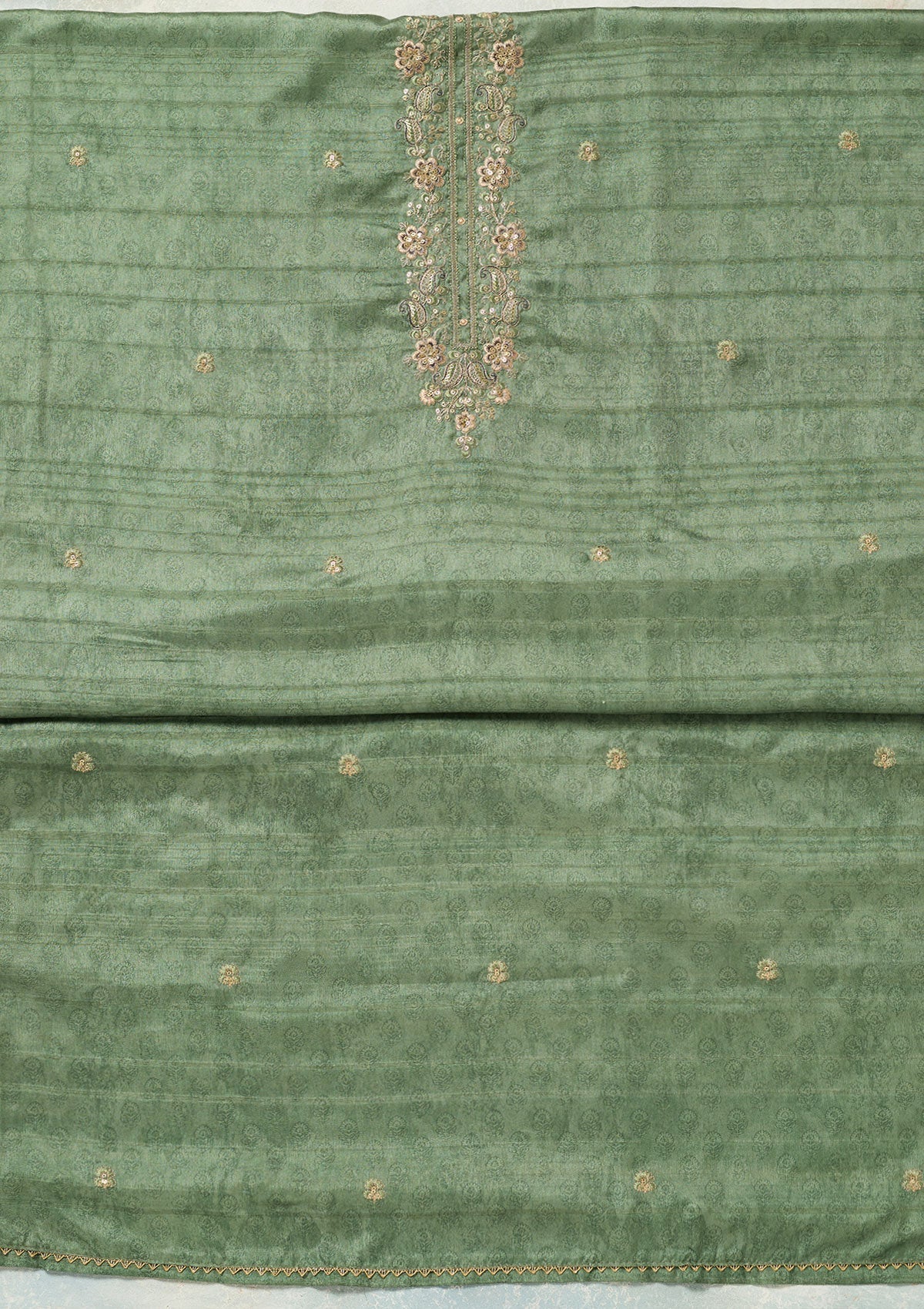 Pista Green Zariwork (Gold) Chanderi Unstitched Salwar Suit-koskii