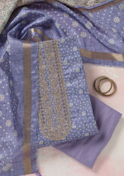 Blue Zariwork (Gold) Chanderi Unstitched Salwar Suit-koskii