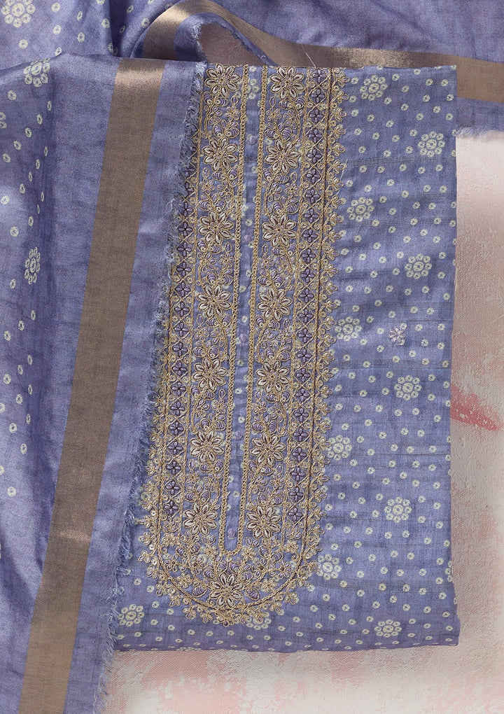 Blue Zariwork (Gold) Chanderi Unstitched Salwar Suit-koskii