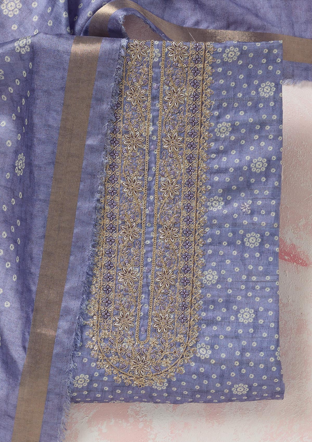 Blue Zariwork (Gold) Chanderi Unstitched Salwar Suit-koskii