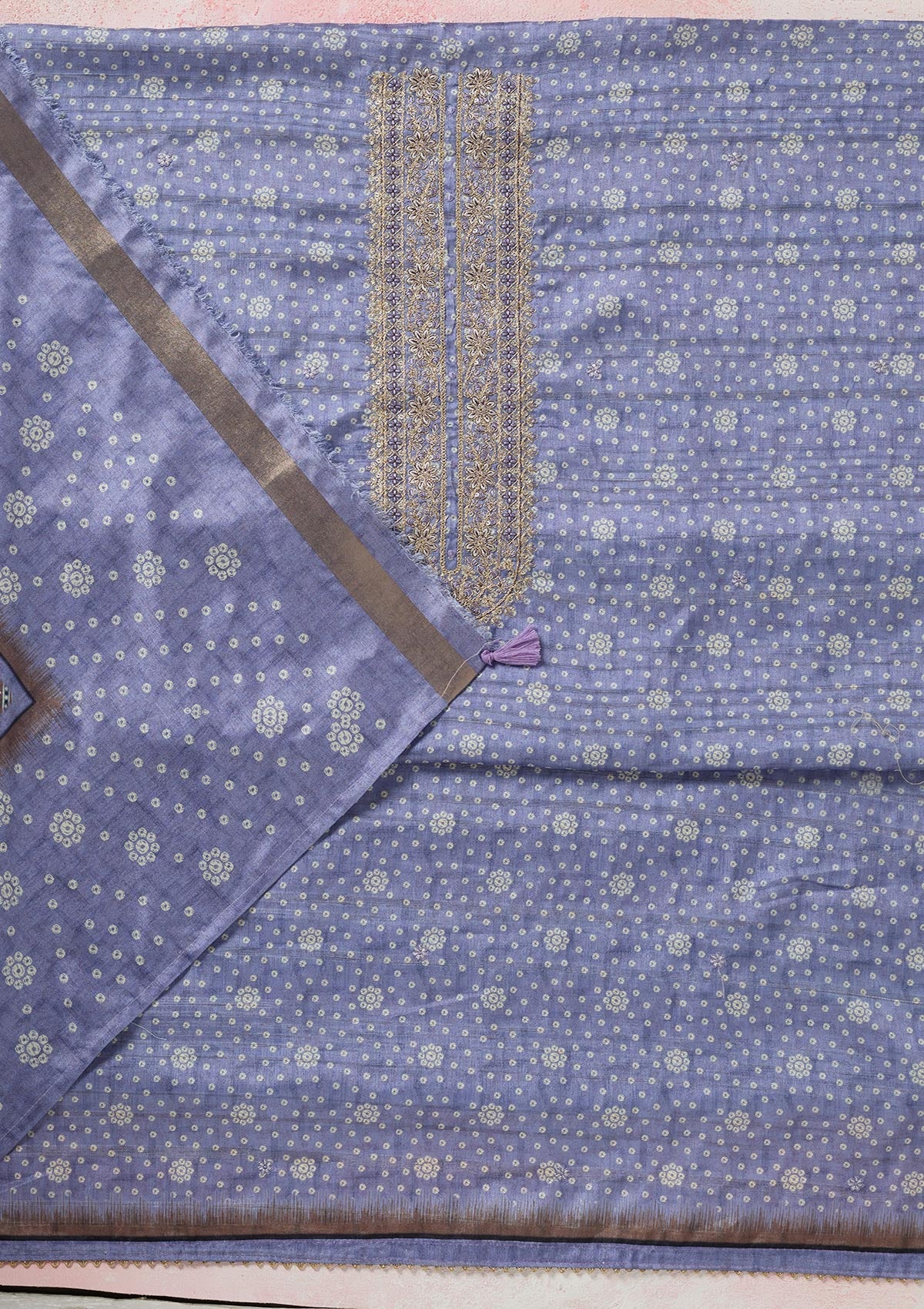 Blue Zariwork (Gold) Chanderi Unstitched Salwar Suit-koskii