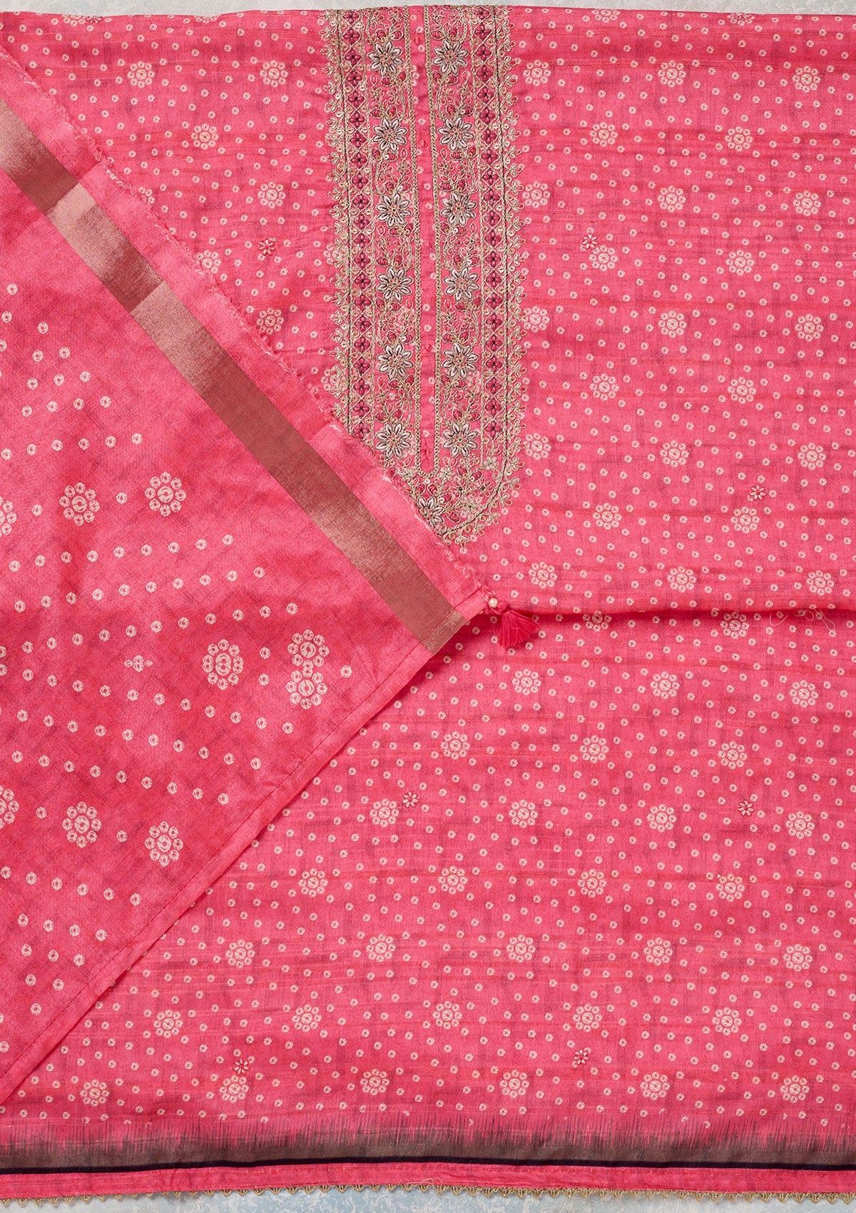 Pink Zariwork Chanderi Unstitched Salwar Suit-Koskii