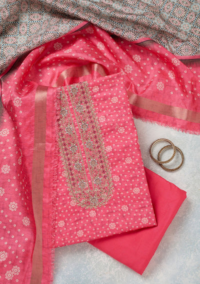 Pink Zariwork Chanderi Unstitched Salwar Suit-Koskii