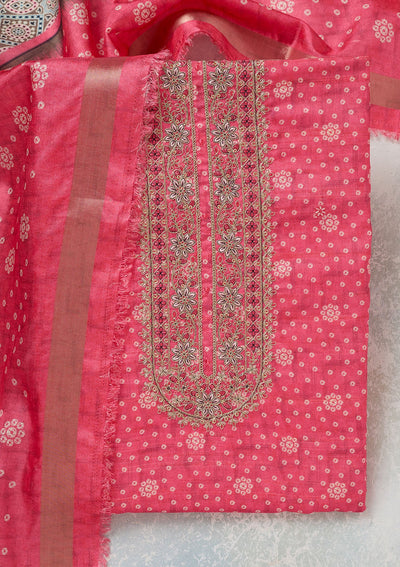 Pink Zariwork Chanderi Unstitched Salwar Suit-Koskii