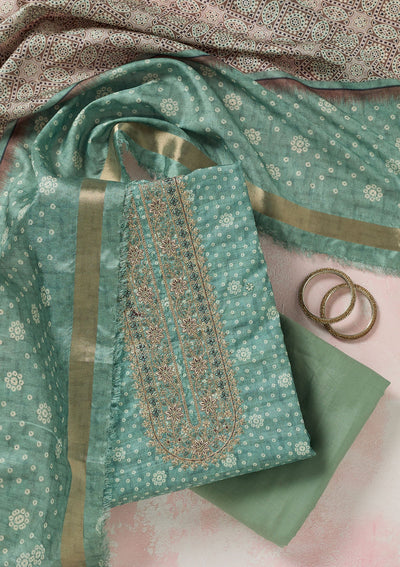 Sea Green Zariwork Chanderi Unstitched Salwar Suit-Koskii