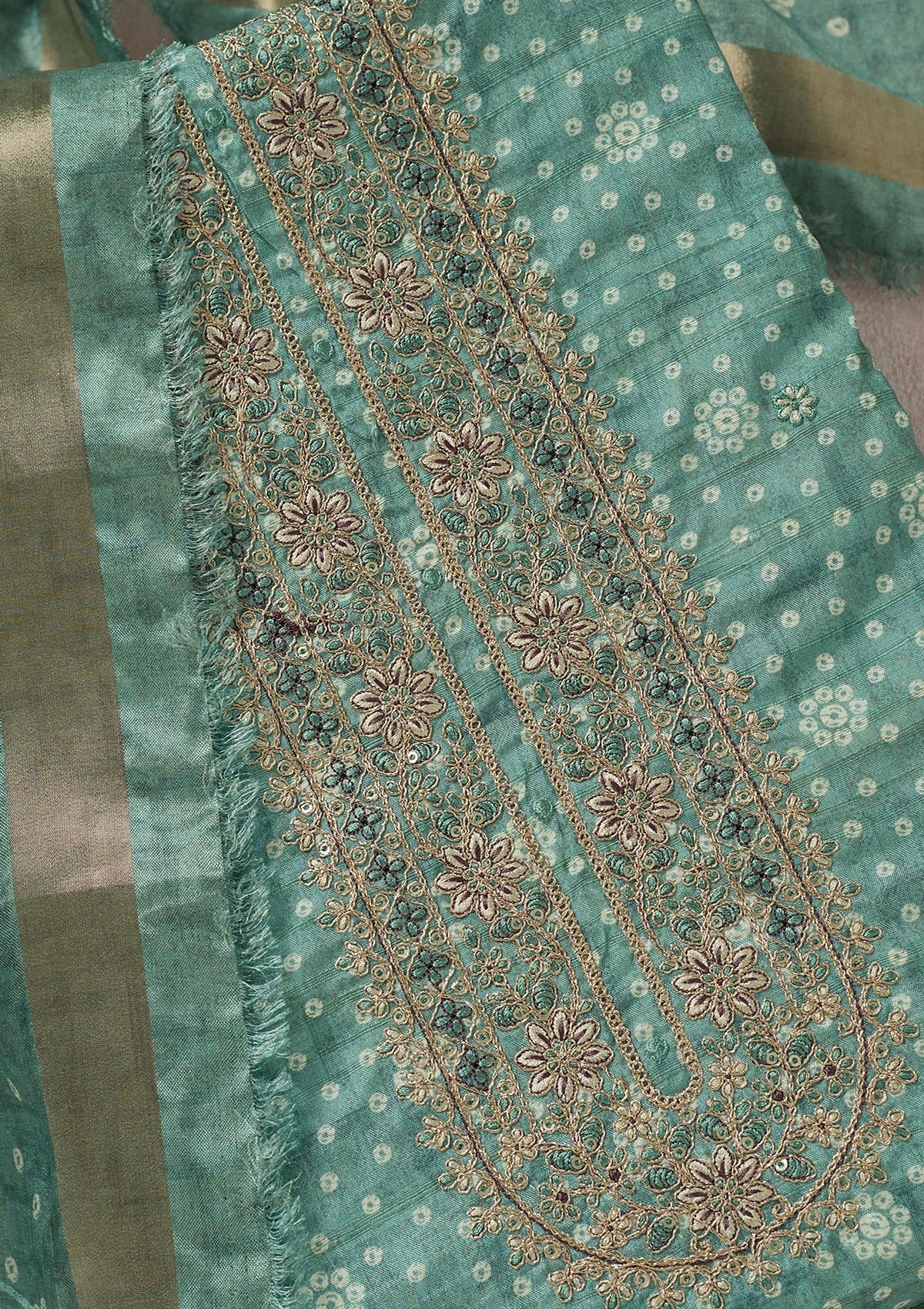 Sea Green Zariwork Chanderi Unstitched Salwar Suit-Koskii