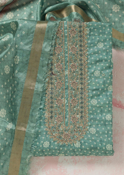 Sea Green Zariwork Chanderi Unstitched Salwar Suit-Koskii