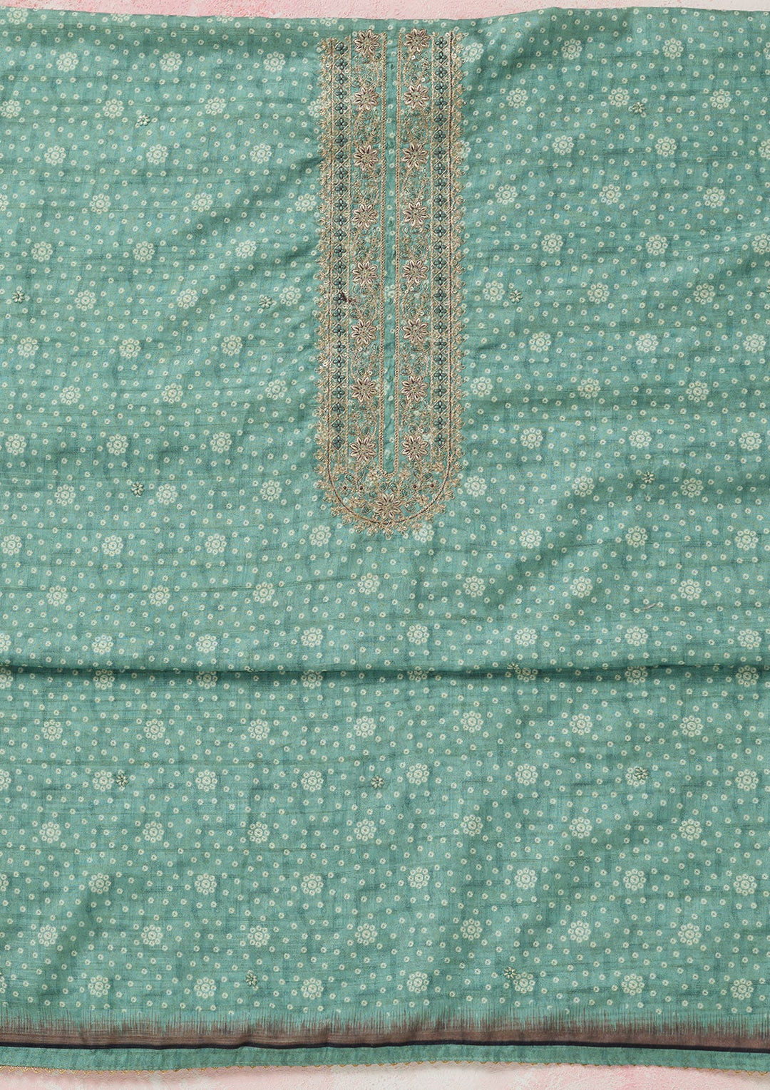 Sea Green Zariwork Chanderi Unstitched Salwar Suit-Koskii