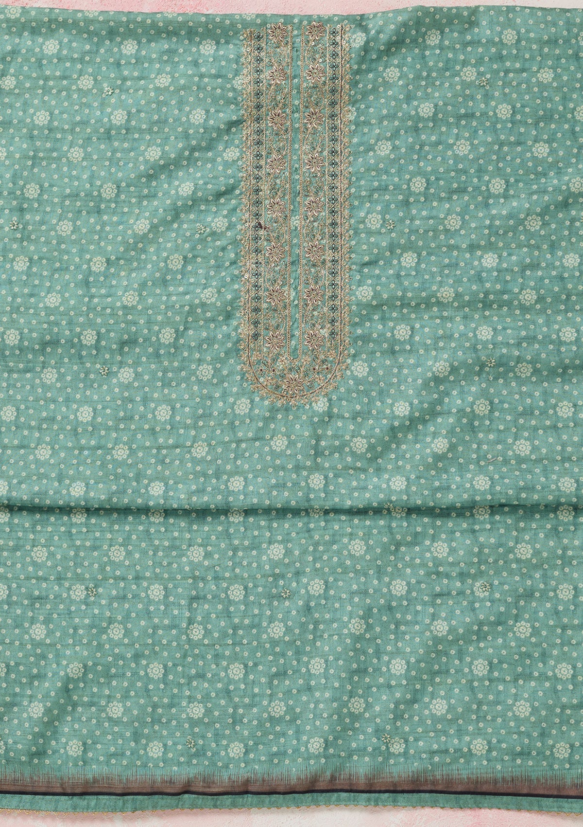 Sea Green Zariwork Chanderi Unstitched Salwar Suit-Koskii