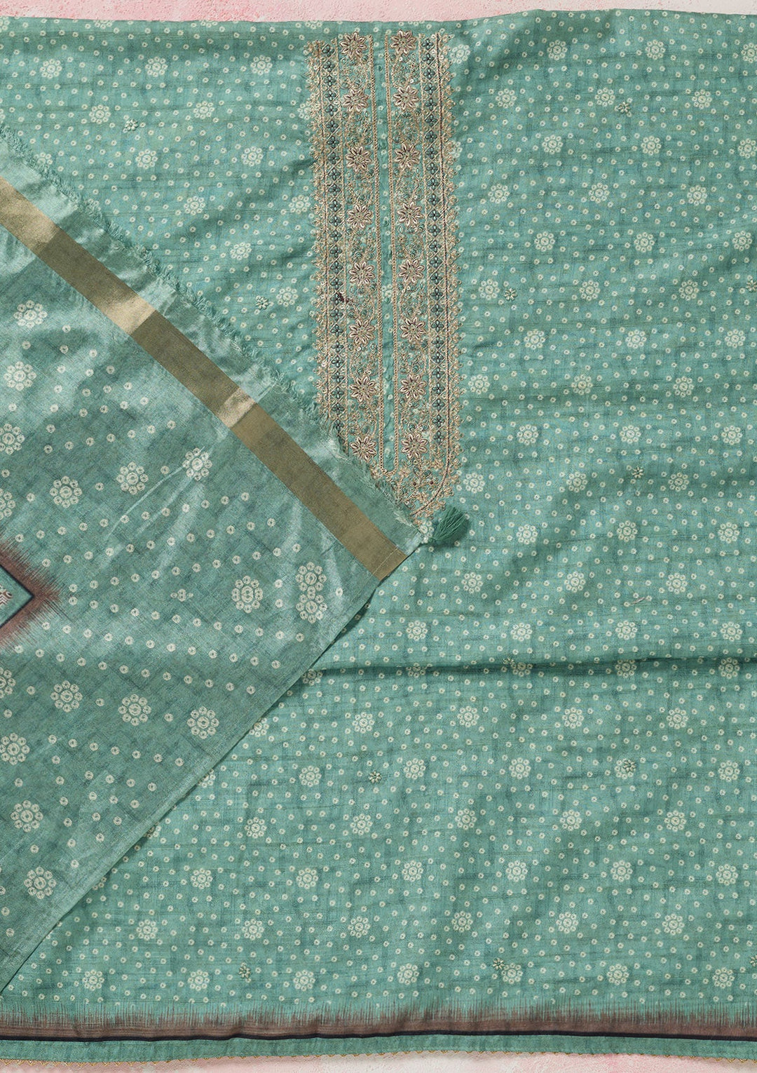 Sea Green Zariwork Chanderi Unstitched Salwar Suit-Koskii