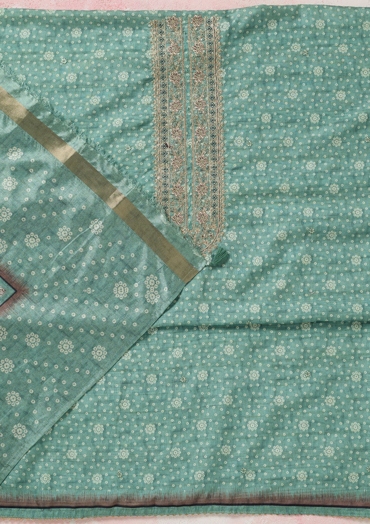 Sea Green Zariwork Chanderi Unstitched Salwar Suit-Koskii