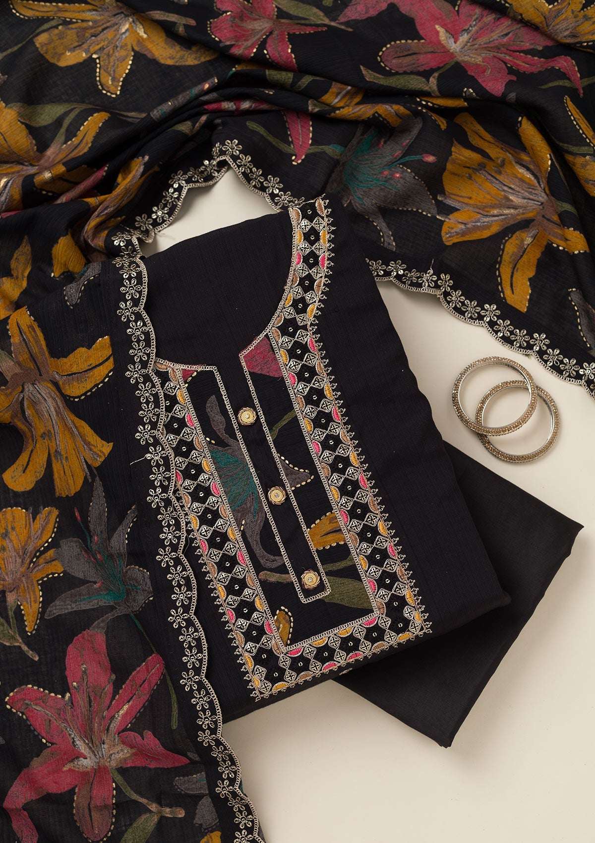 Black Zariwork Dola Silk Unstitched Salwar Suit-koskii