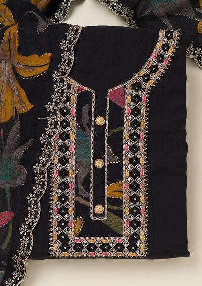Black Zariwork Dola Silk Unstitched Salwar Suit-koskii
