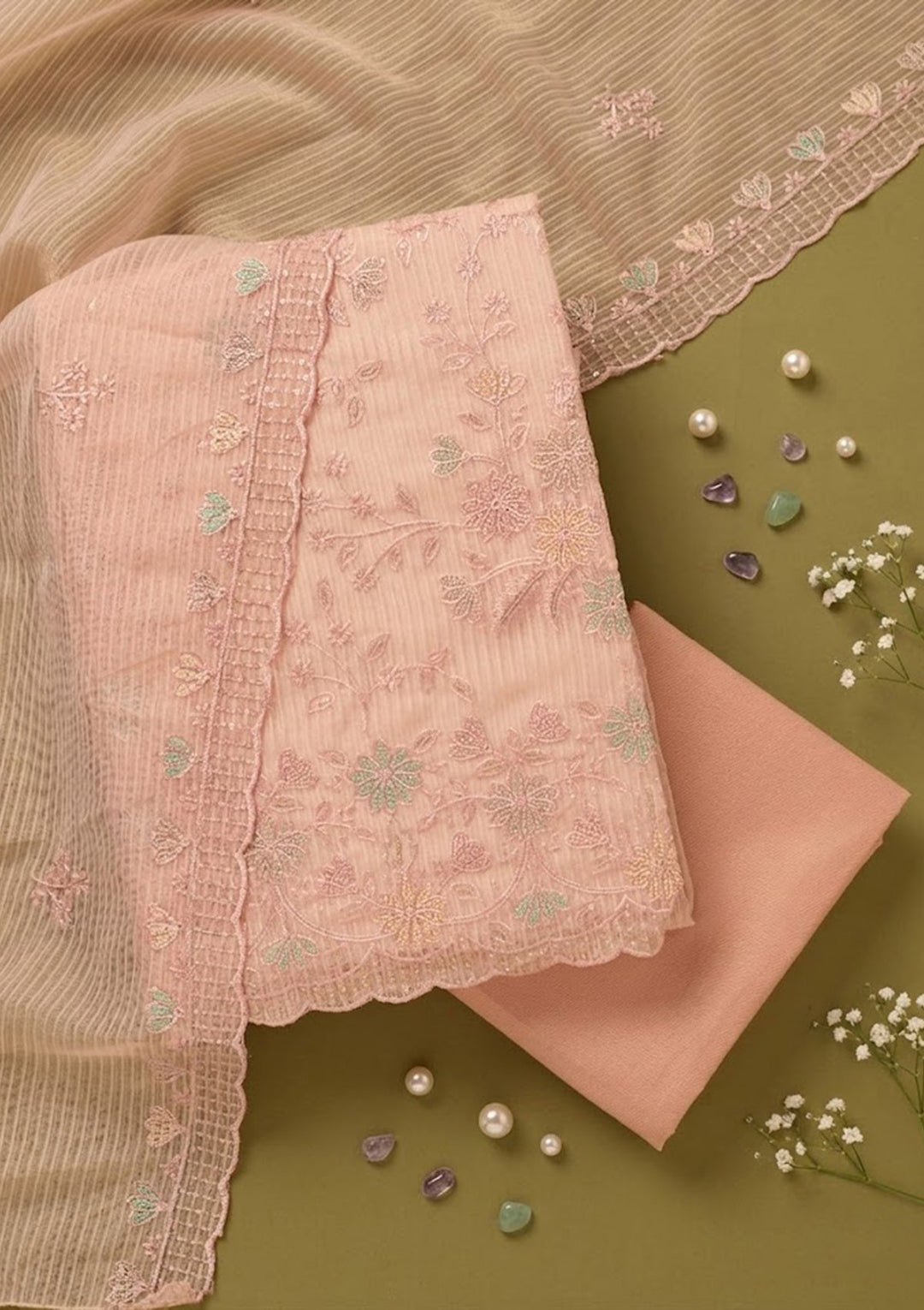 Baby Pink Threadwork Chiffon Unstitched Salwar Suit