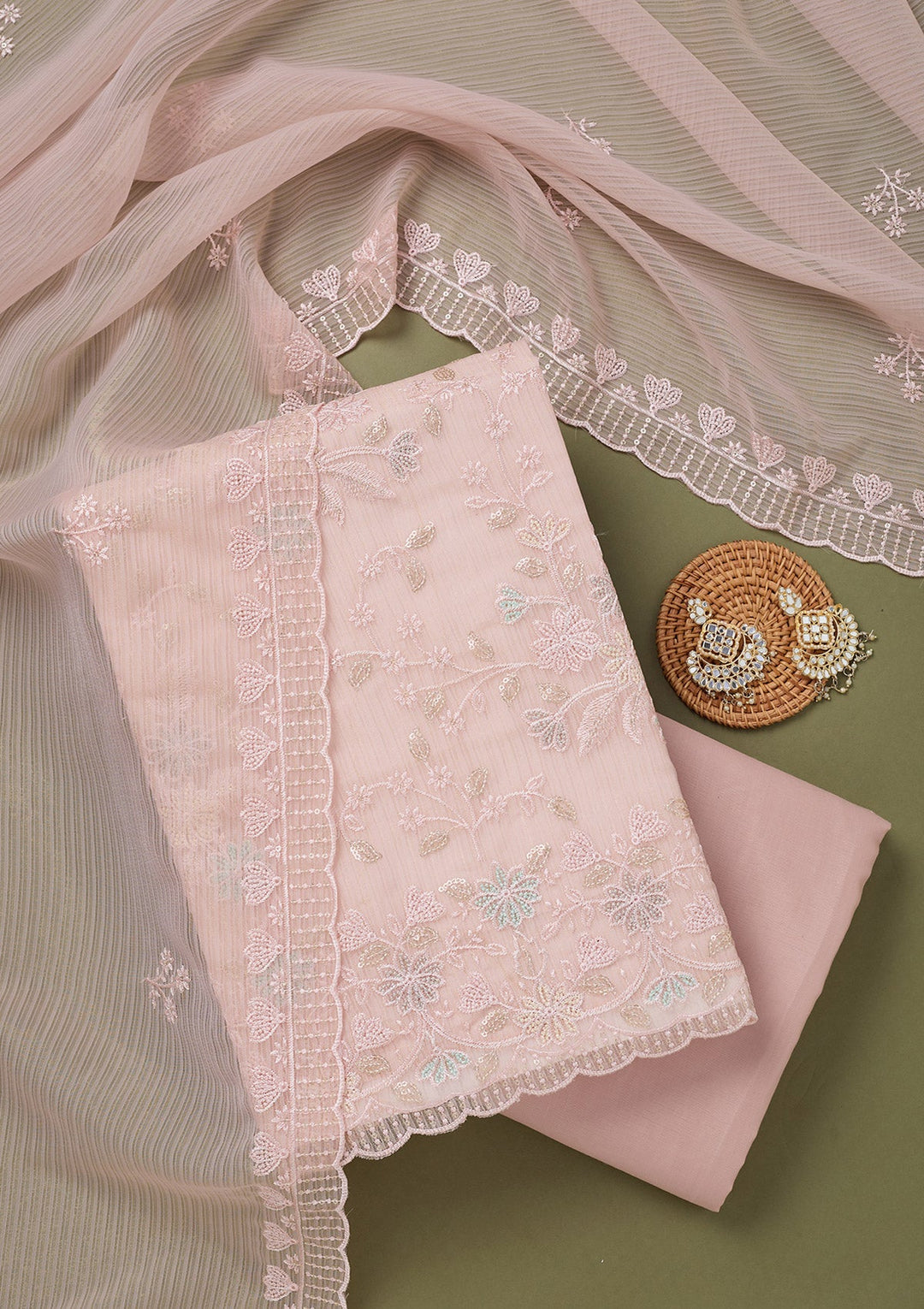 Baby Pink Threadwork Semi Crepe Unstitched Salwar Suit-koskii