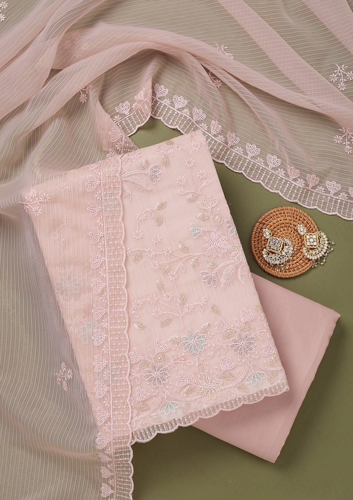Baby Pink Threadwork Semi Crepe Unstitched Salwar Suit-koskii