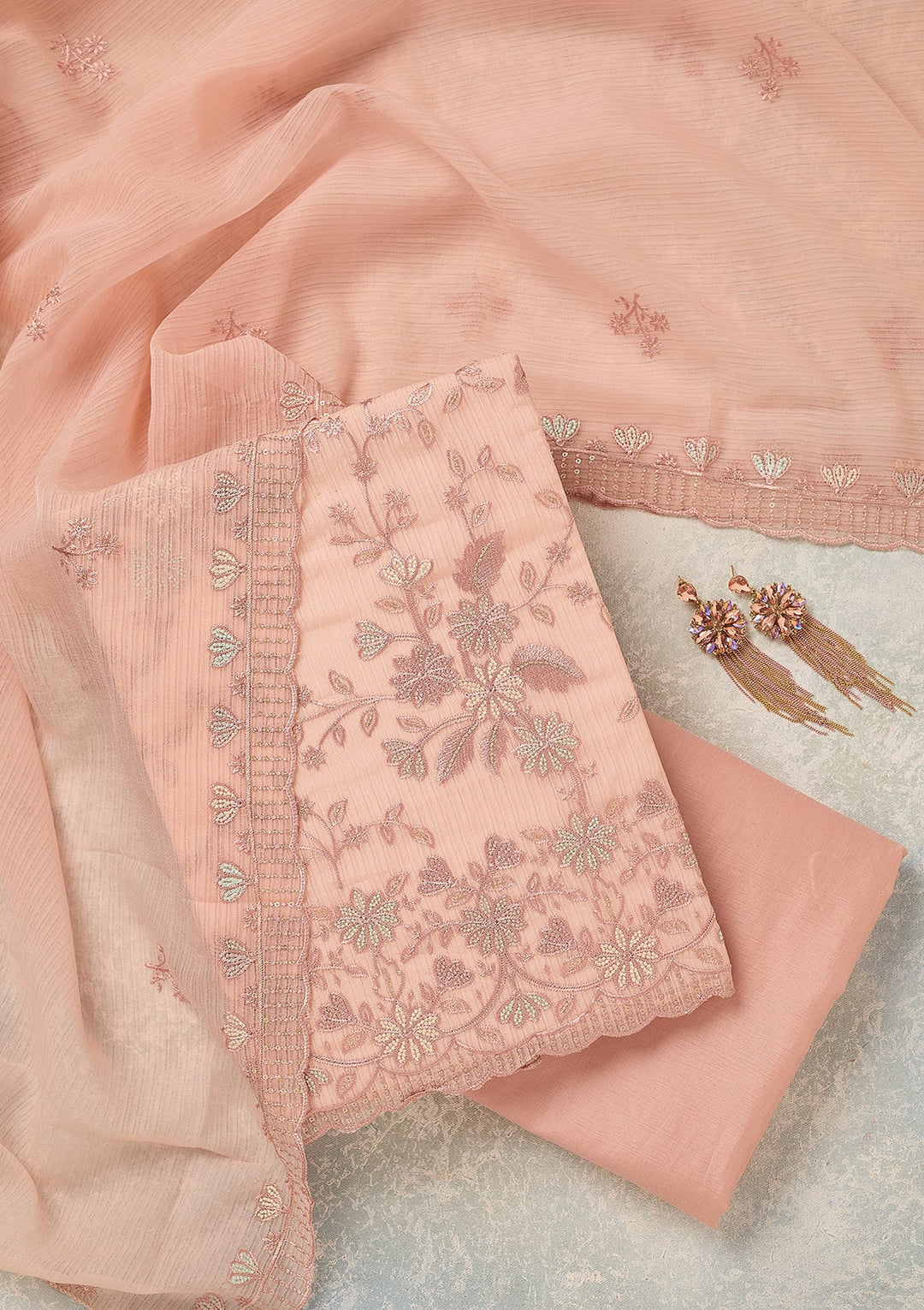 Baby Pink Threadwork Chiffon Unstitched Salwar Suit