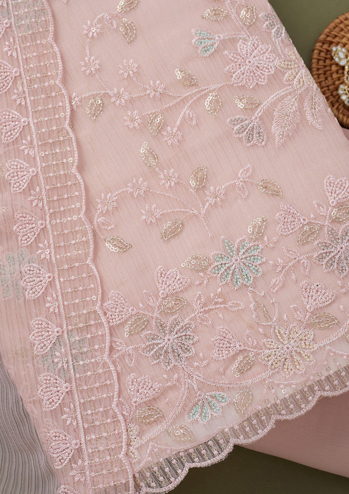 Baby Pink Threadwork Semi Crepe Unstitched Salwar Suit-koskii