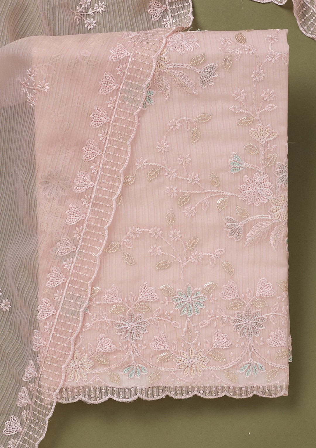 Baby Pink Threadwork Semi Crepe Unstitched Salwar Suit-koskii