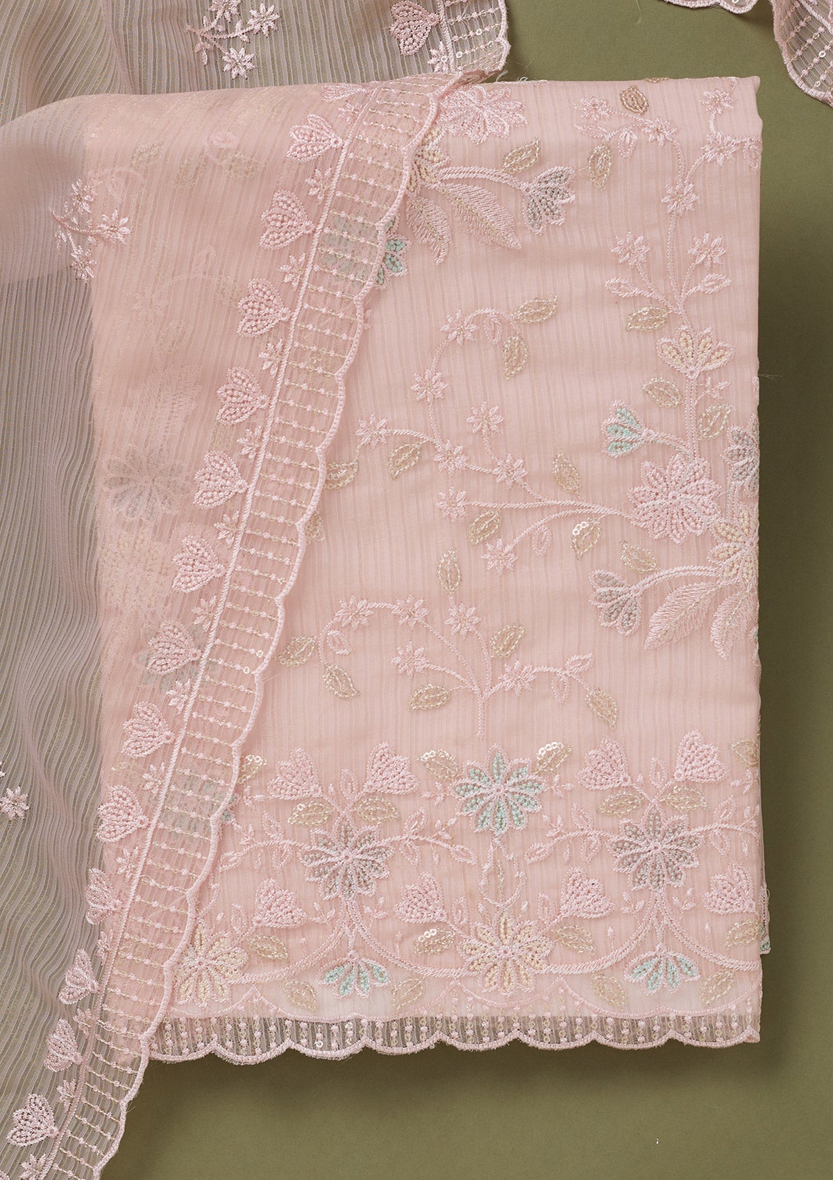 Baby Pink Threadwork Semi Crepe Unstitched Salwar Suit-koskii
