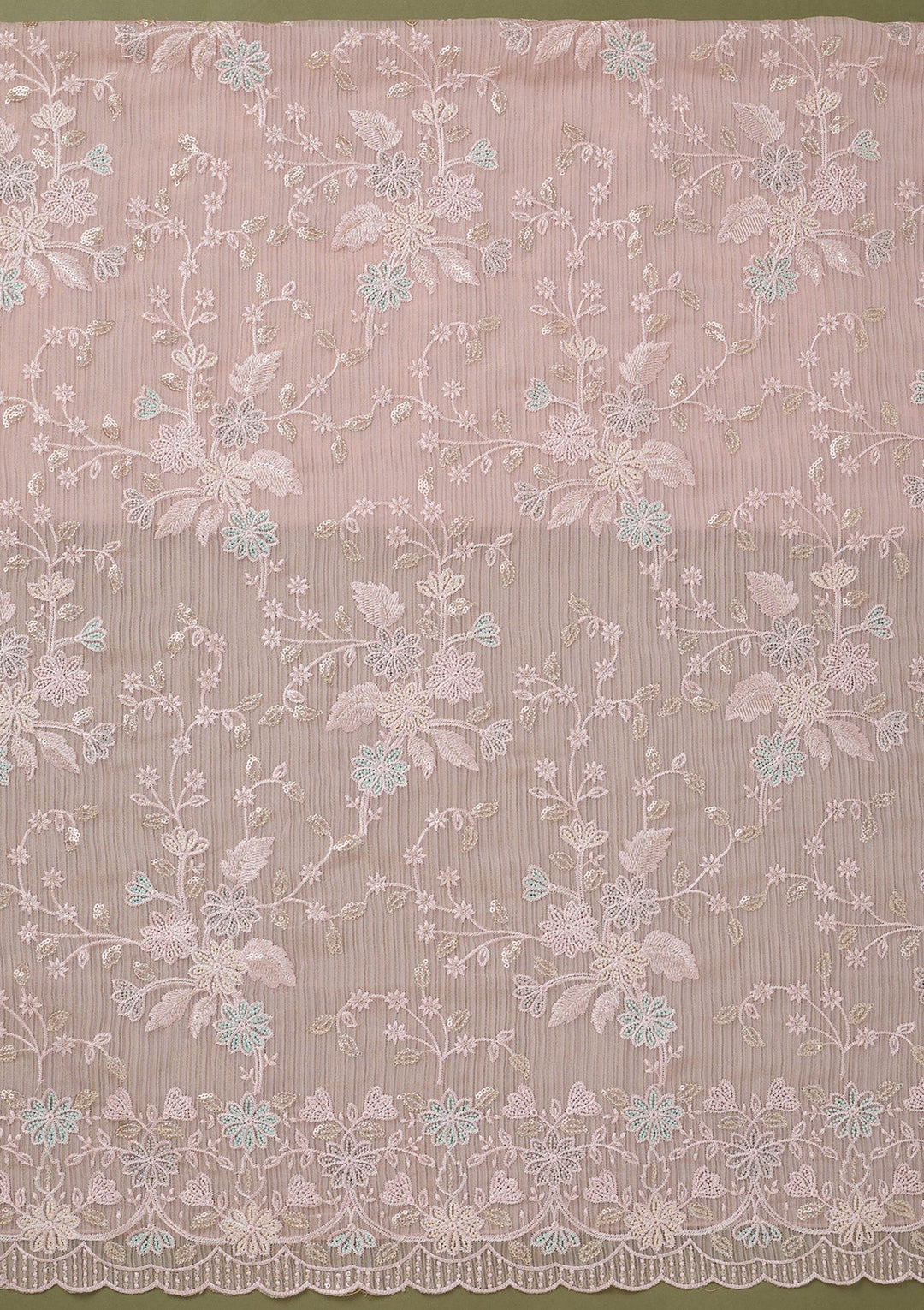 Baby Pink Threadwork Semi Crepe Unstitched Salwar Suit-koskii