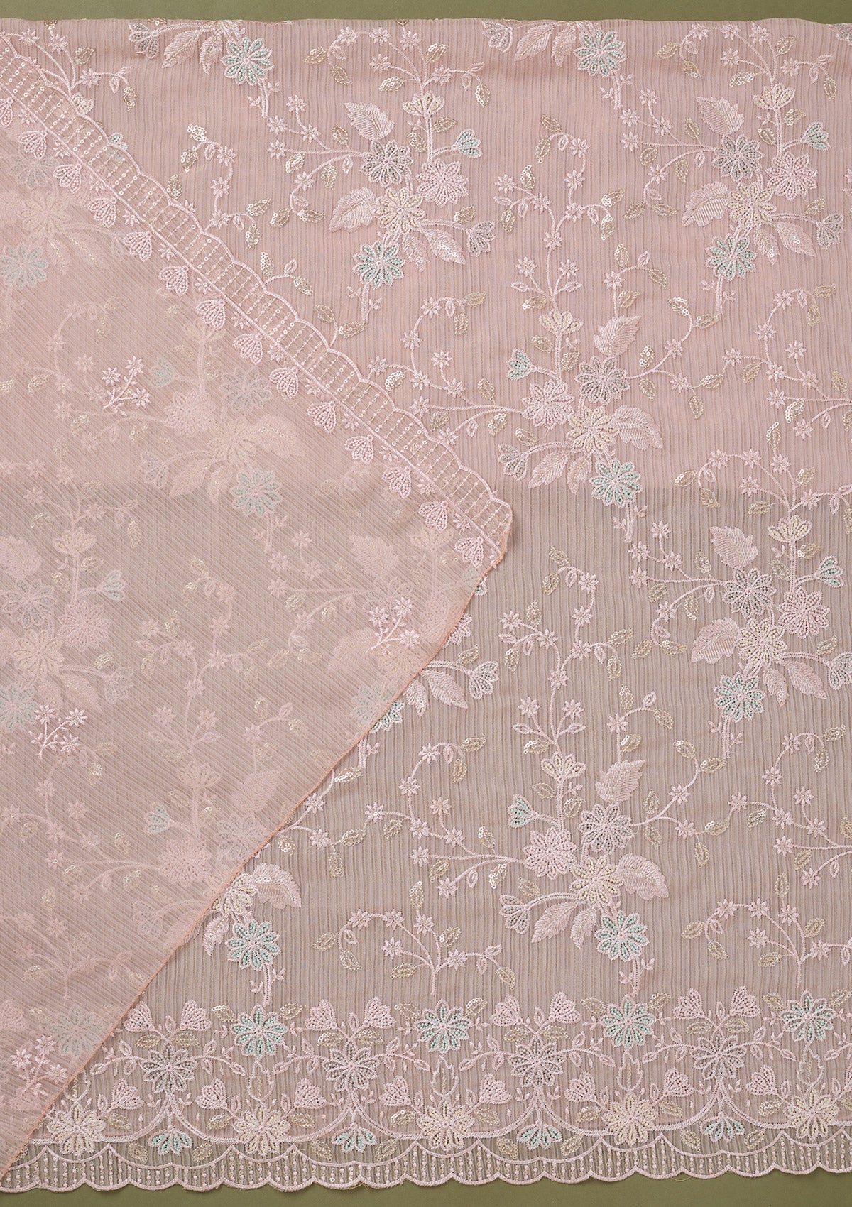 Baby Pink Threadwork Semi Crepe Unstitched Salwar Suit-koskii