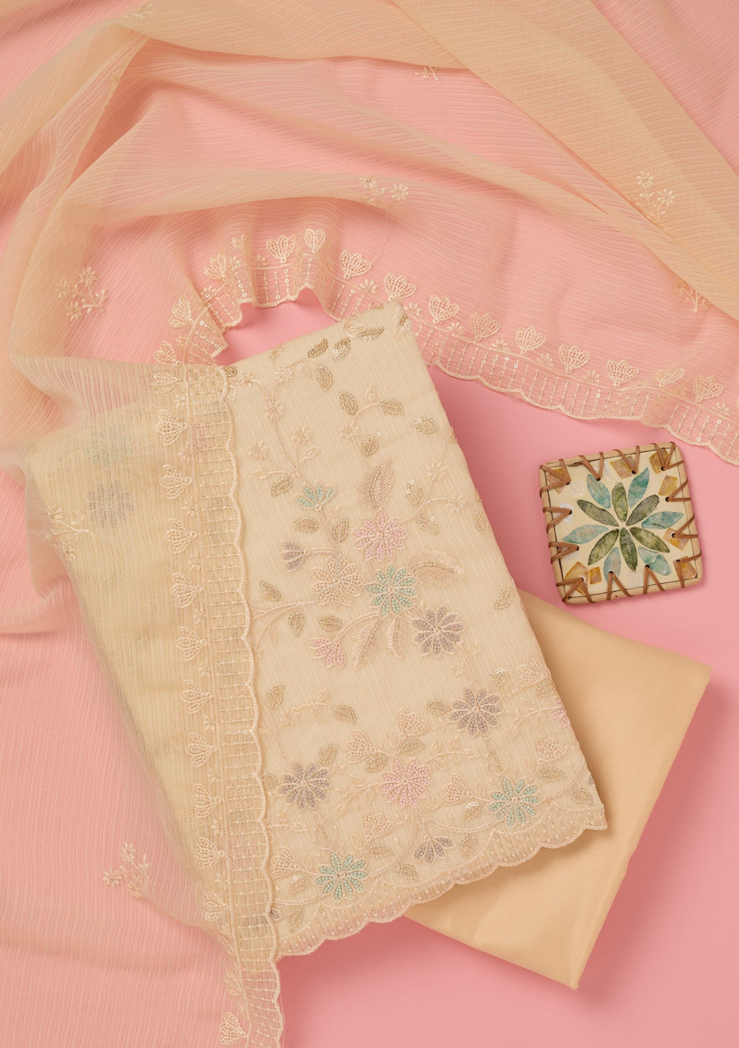 Cream Threadwork Semi Crepe Unstitched Salwar Suit-koskii