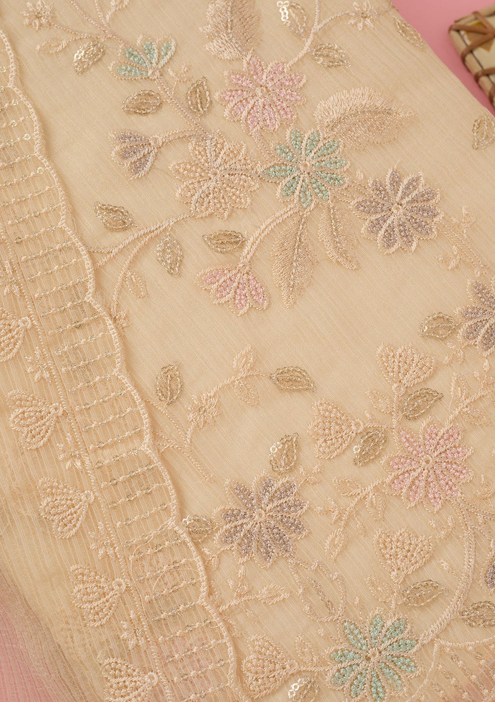 Cream Threadwork Semi Crepe Unstitched Salwar Suit-koskii