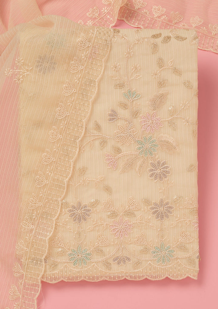 Cream Threadwork Semi Crepe Unstitched Salwar Suit-koskii