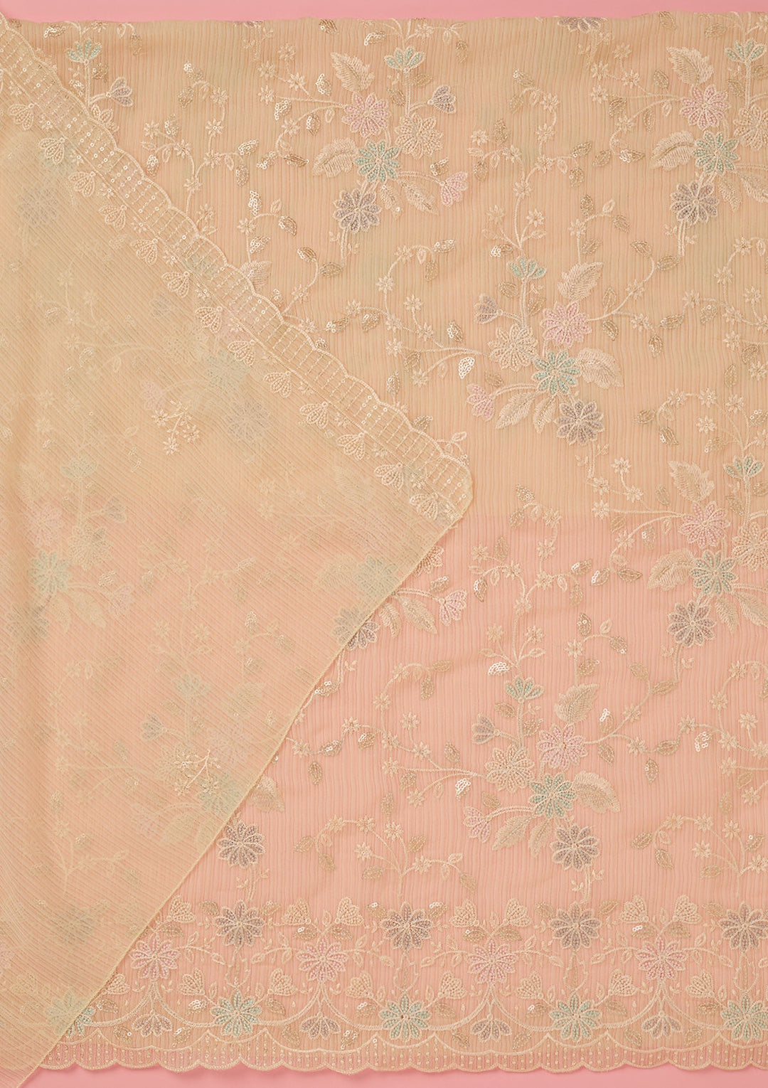 Cream Threadwork Semi Crepe Unstitched Salwar Suit-koskii