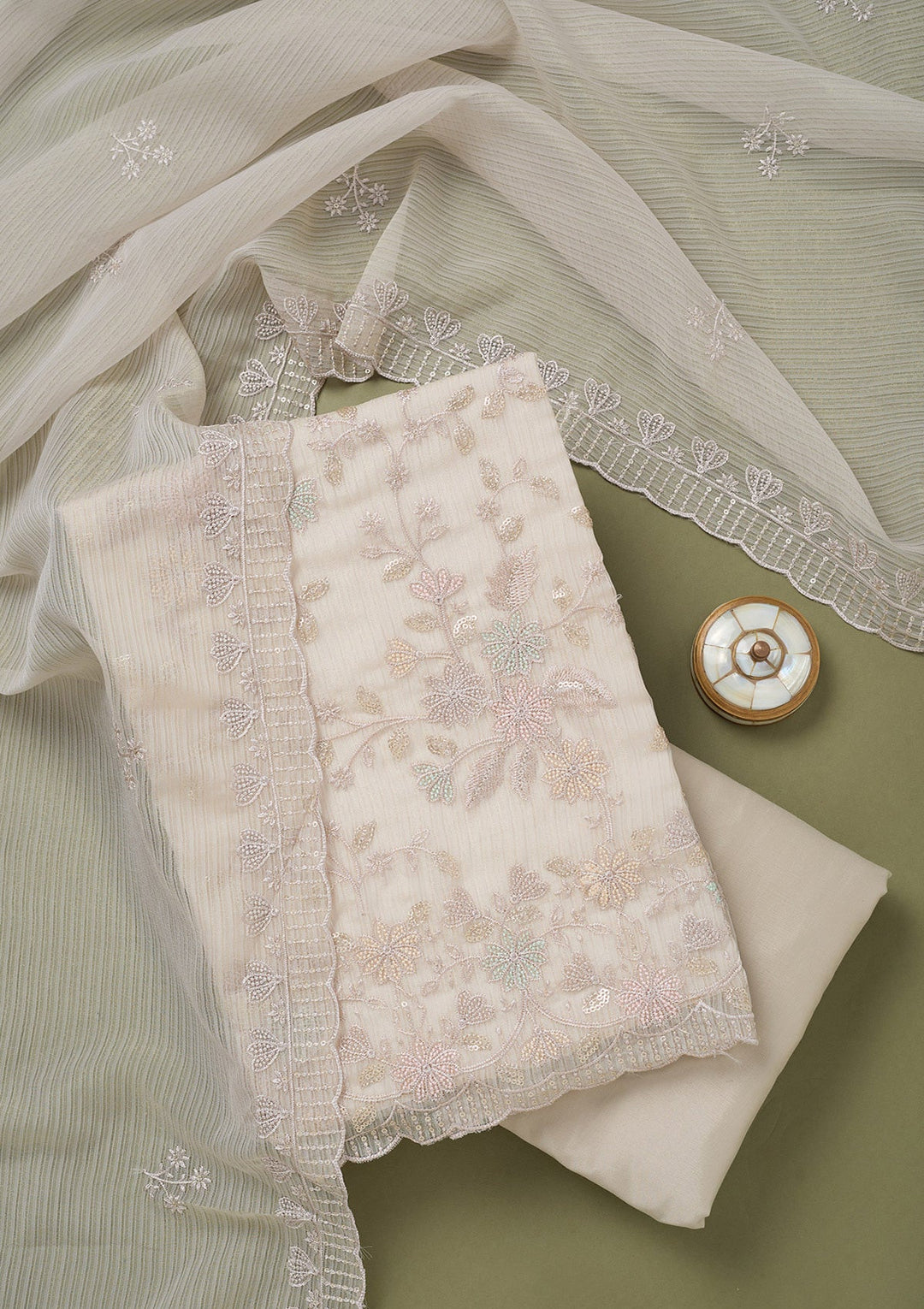 Light Grey Threadwork Semi Crepe Unstitched Salwar Suit-koskii