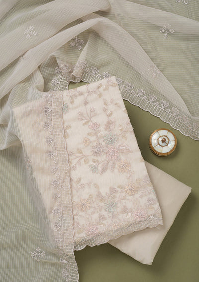 Light Grey Threadwork Semi Crepe Unstitched Salwar Suit-koskii
