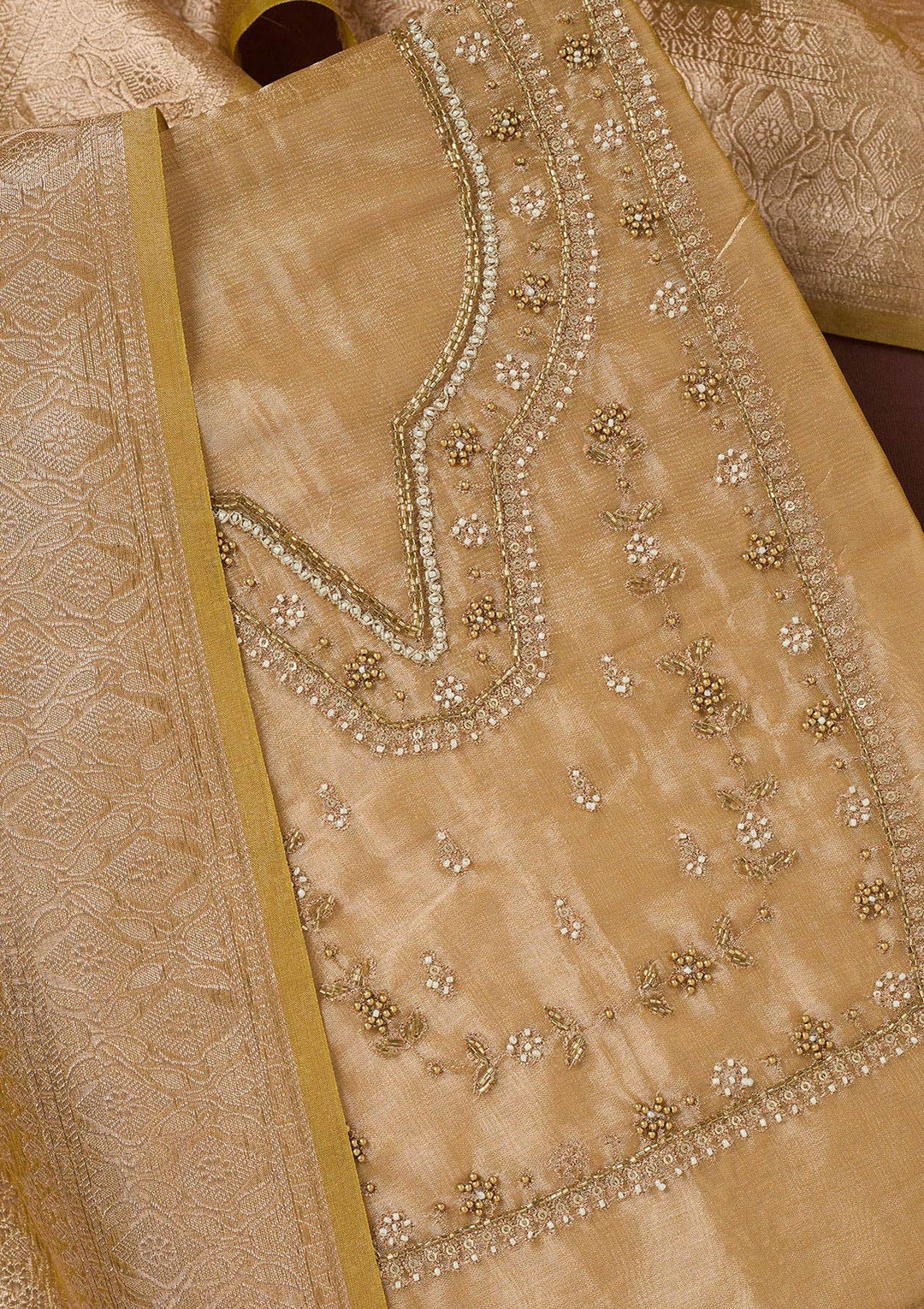 Gold Zardozi (Gold) Tissue Unstitched Salwar Suit-koskii