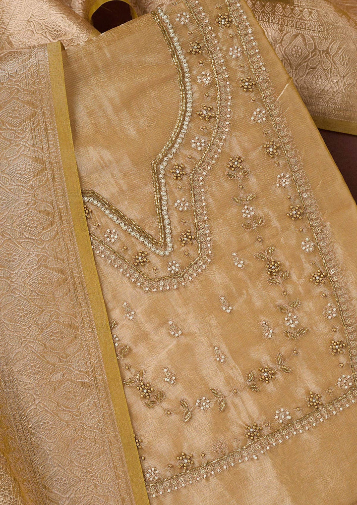 Gold Zardozi (Gold) Tissue Unstitched Salwar Suit-koskii