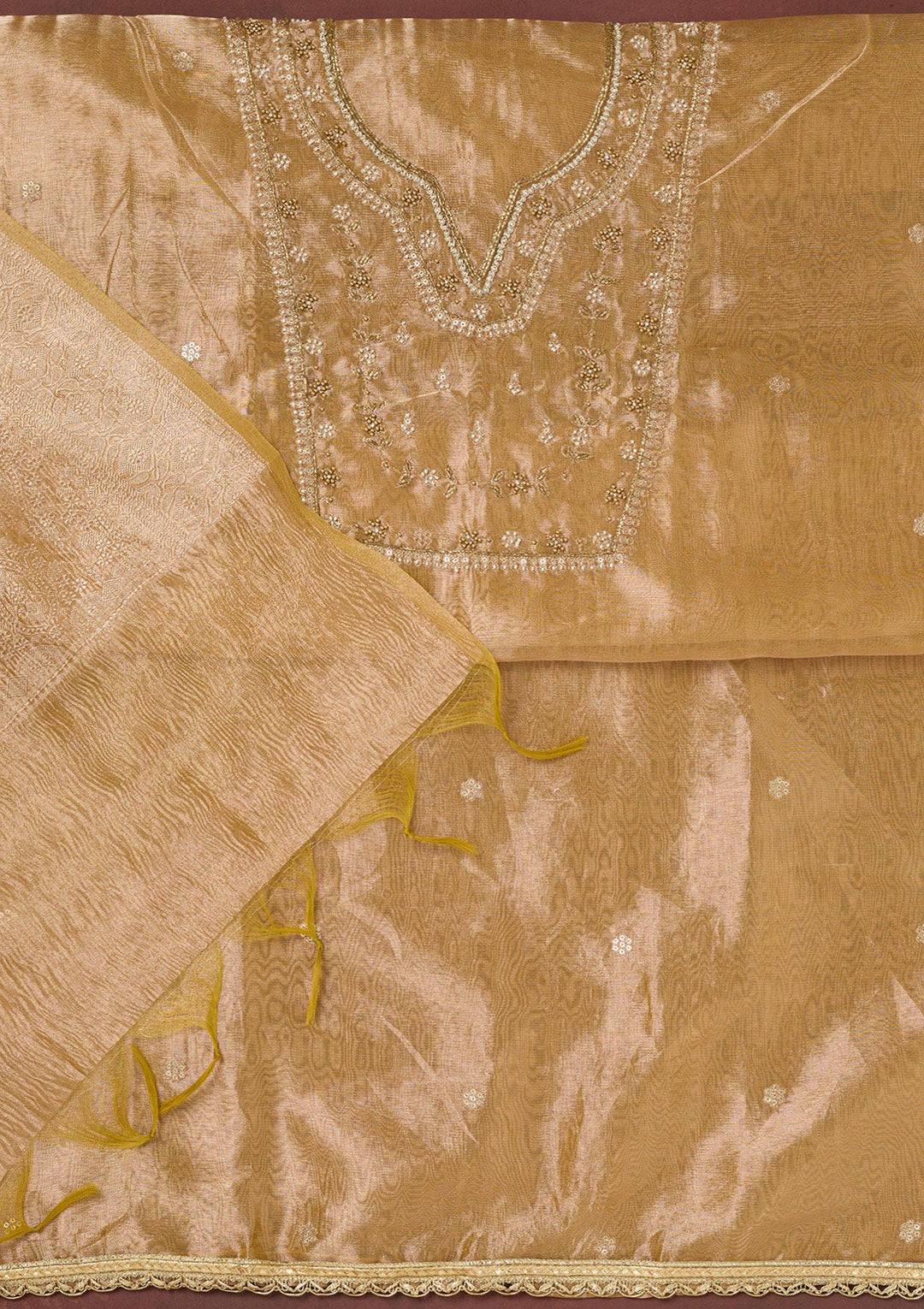 Gold Zardozi (Gold) Tissue Unstitched Salwar Suit-koskii