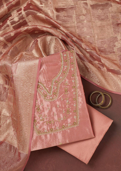 Onion Pink Zardozi (Gold) Tissue Unstitched Salwar Suit-koskii