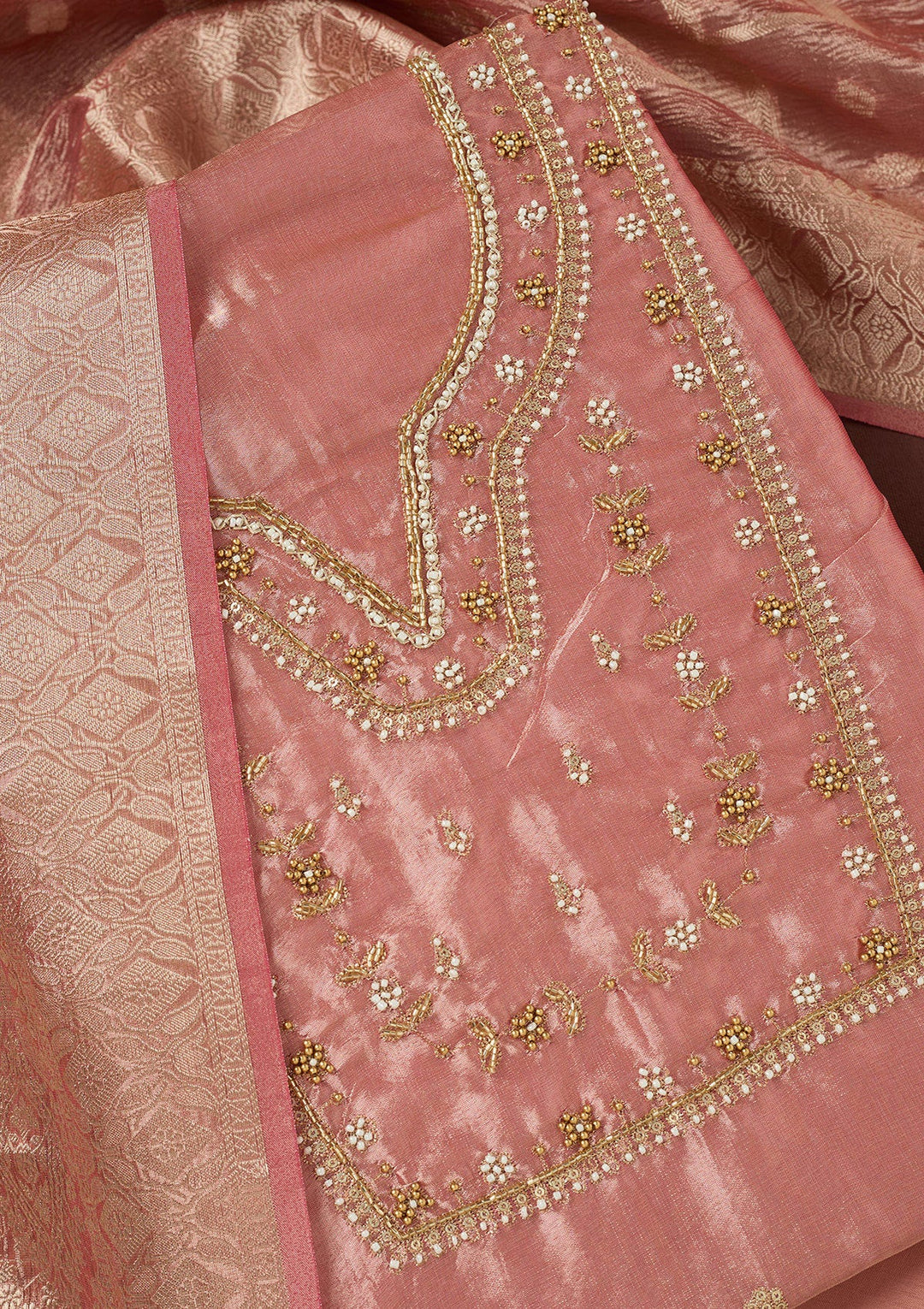 Onion Pink Zardozi (Gold) Tissue Unstitched Salwar Suit-koskii