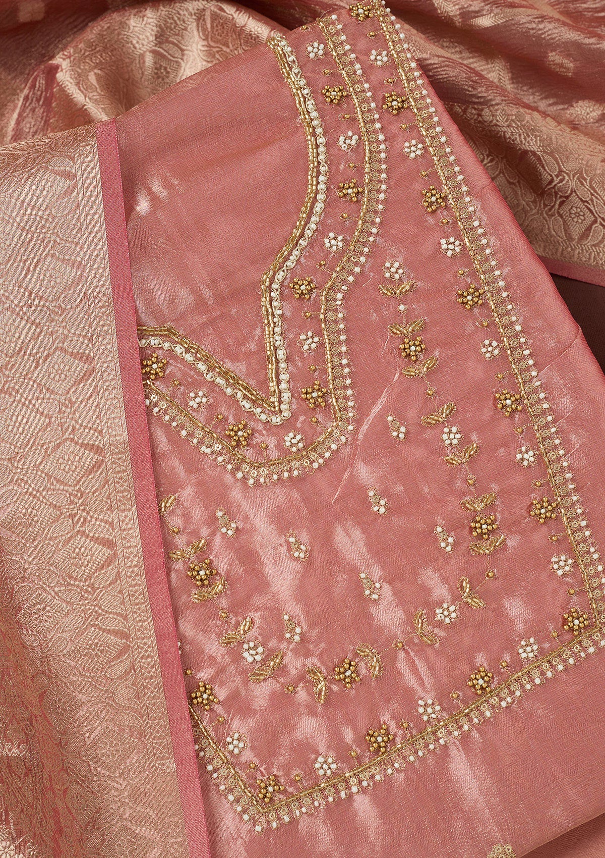 Onion Pink Zardozi (Gold) Tissue Unstitched Salwar Suit-koskii