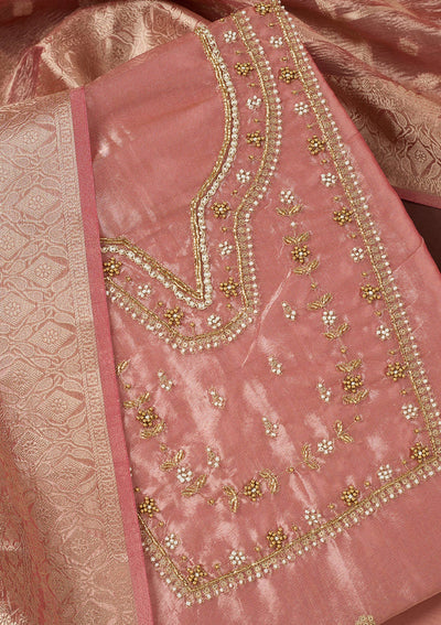 Onion Pink Zardozi (Gold) Tissue Unstitched Salwar Suit-koskii