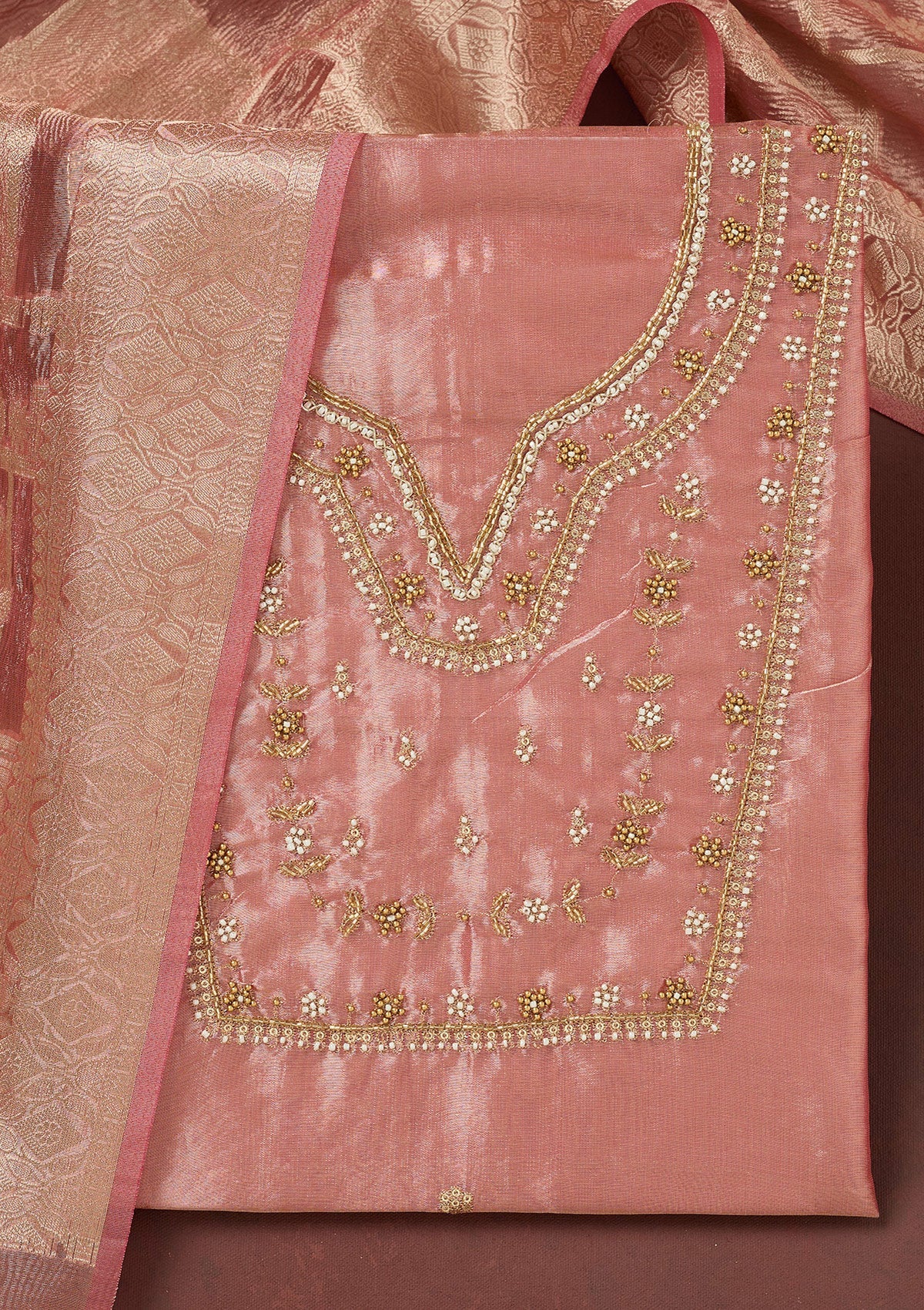Onion Pink Zardozi (Gold) Tissue Unstitched Salwar Suit-koskii
