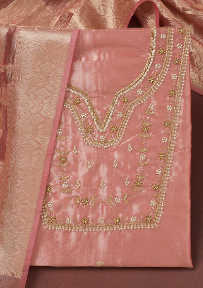 Onion Pink Zardozi (Gold) Tissue Unstitched Salwar Suit-koskii