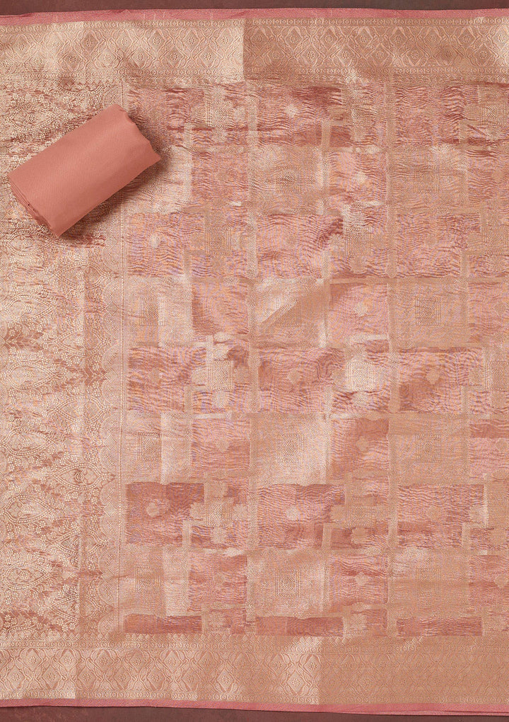 Onion Pink Zardozi (Gold) Tissue Unstitched Salwar Suit-koskii