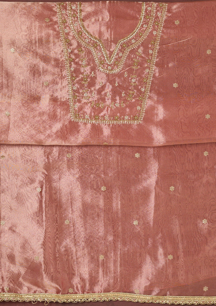 Onion Pink Zardozi (Gold) Tissue Unstitched Salwar Suit-koskii