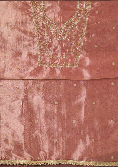 Onion Pink Zardozi (Gold) Tissue Unstitched Salwar Suit-koskii