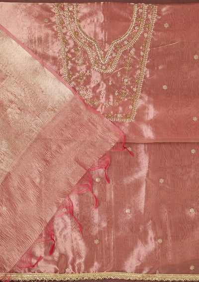 Onion Pink Zardozi (Gold) Tissue Unstitched Salwar Suit-koskii